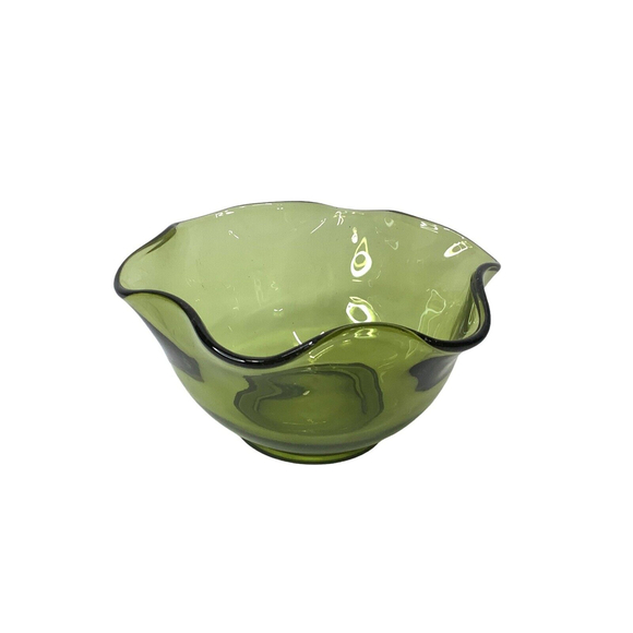 VINTAGE Avocado Green Wavy Ruffled Glass Bowl Anchor Hocking? size 5" x 2.5" - Picture 2 of 12